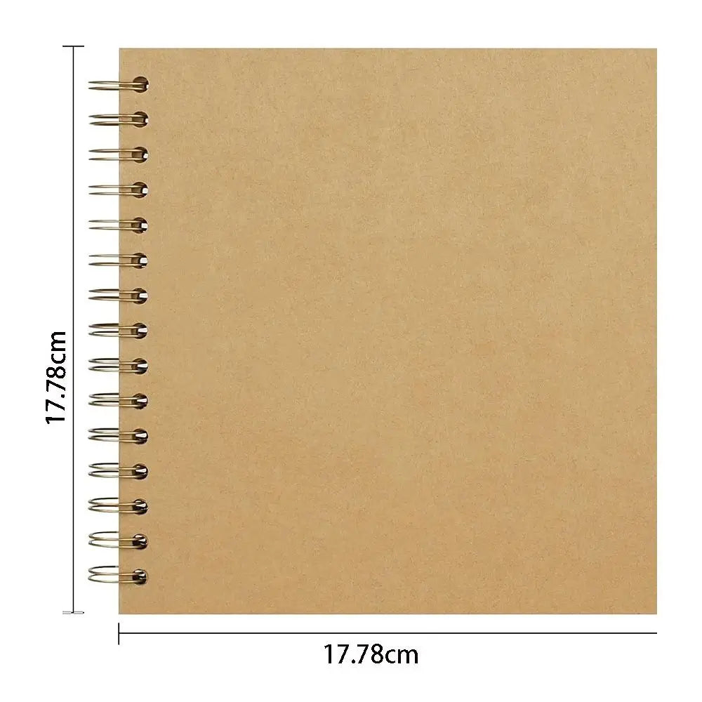 A blank, light brown kraft paper notebook with a spiral binding and dimensions of 17.78cm by 17.78cm.