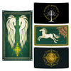 A set of three dark green and gold banners featuring stylized horses, a tree, and a winged horse silhouette.