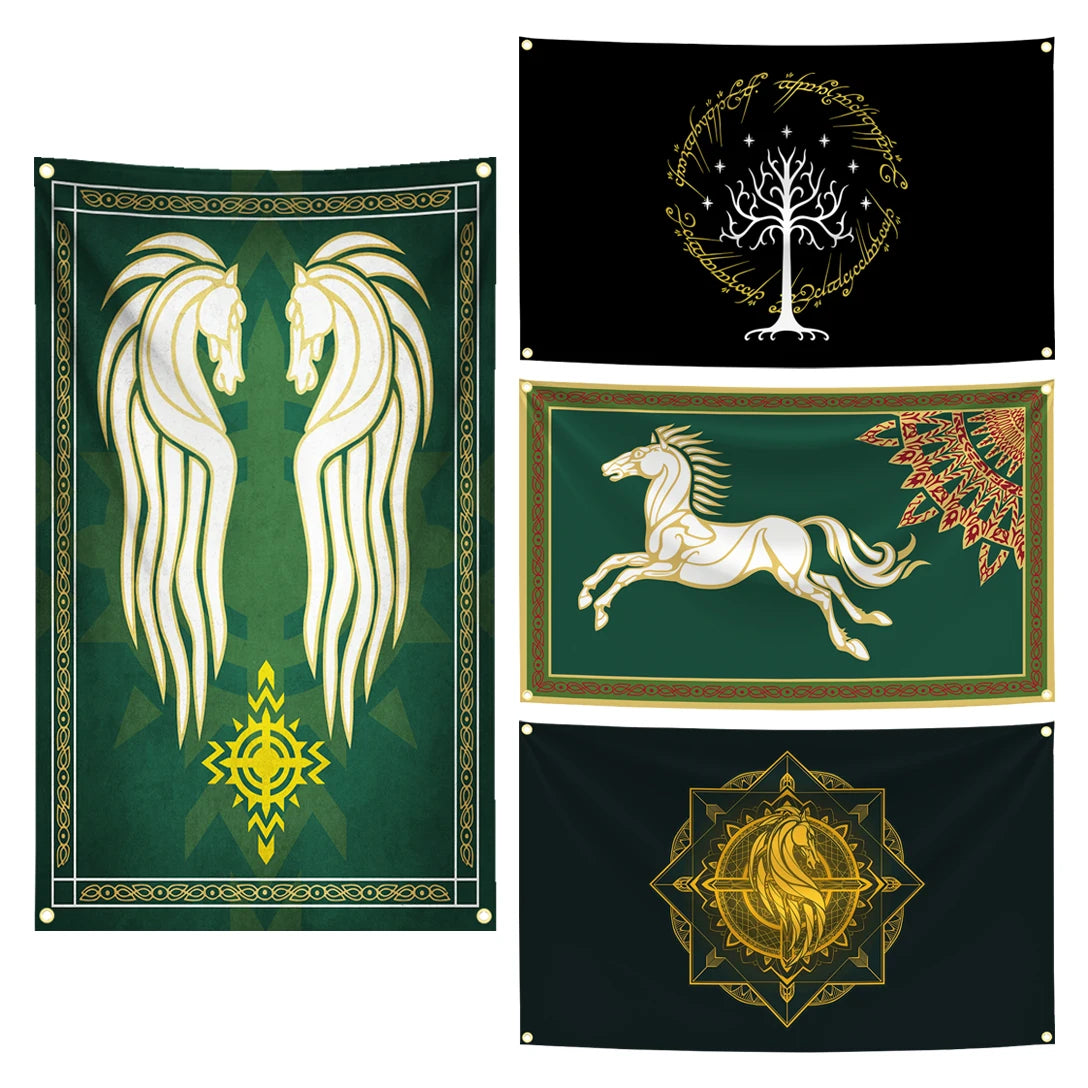 A set of three dark green and gold banners featuring stylized horses, a tree, and a winged horse silhouette.