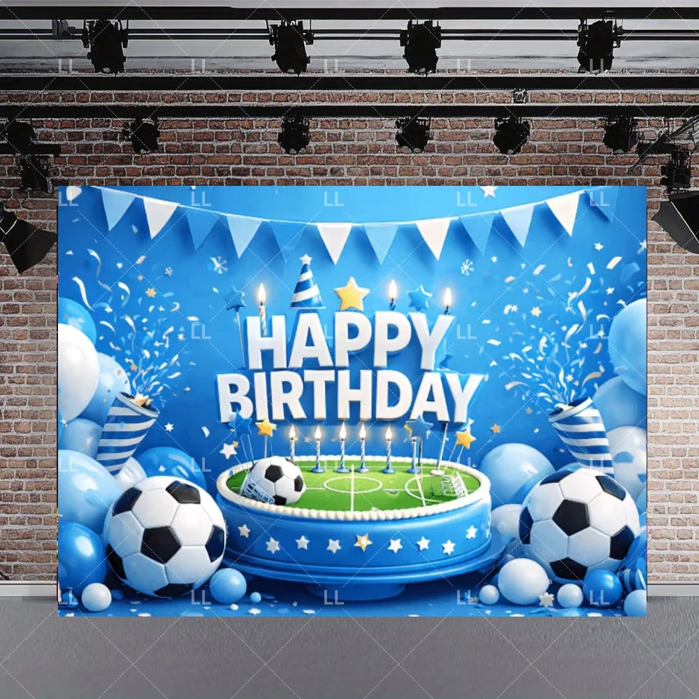 A blue birthday backdrop featuring soccer balls, balloons, and confetti against a brick wall.