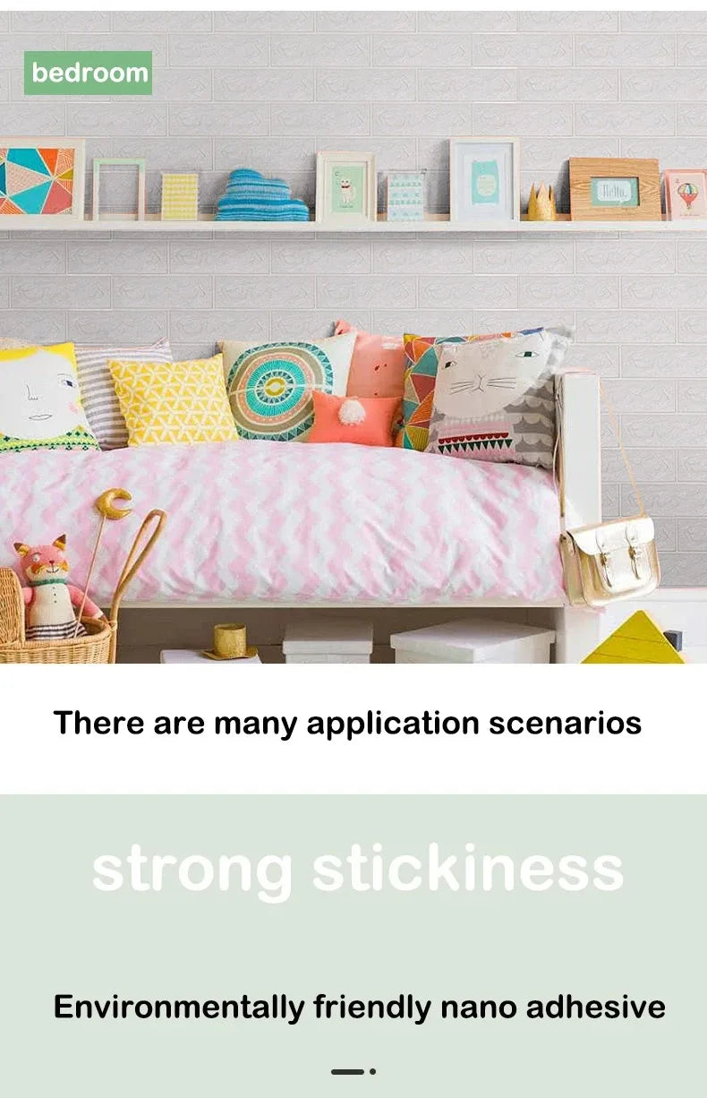 A bedroom setting featuring pink bedding and wooden shelves with various decorative items.