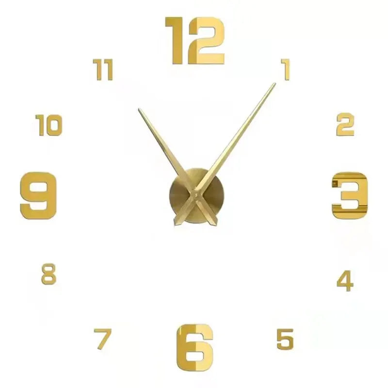 A modern 3D acrylic wall clock face with gold-colored numbers and hands displaying the time.