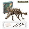 A dinosaur fossil excavation kit showing a reconstructed dinosaur skeleton model and various tools for kids