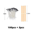 A set of 100 smokeless cotton candle wicks and 3 extra wicks shown next to a measuring scale.
