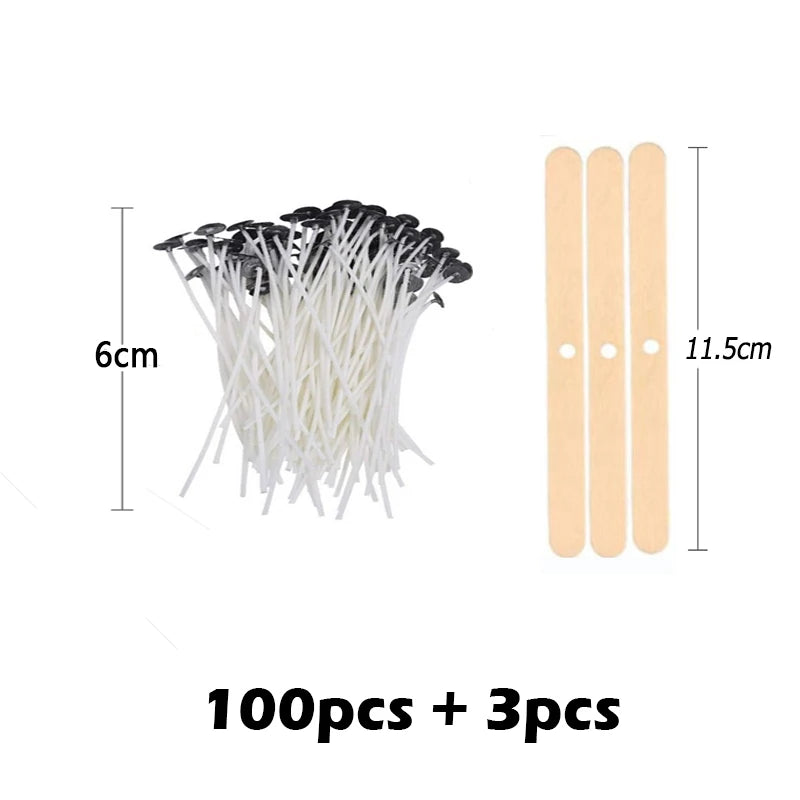 A set of 100 smokeless cotton candle wicks and 3 extra wicks shown next to a measuring scale.