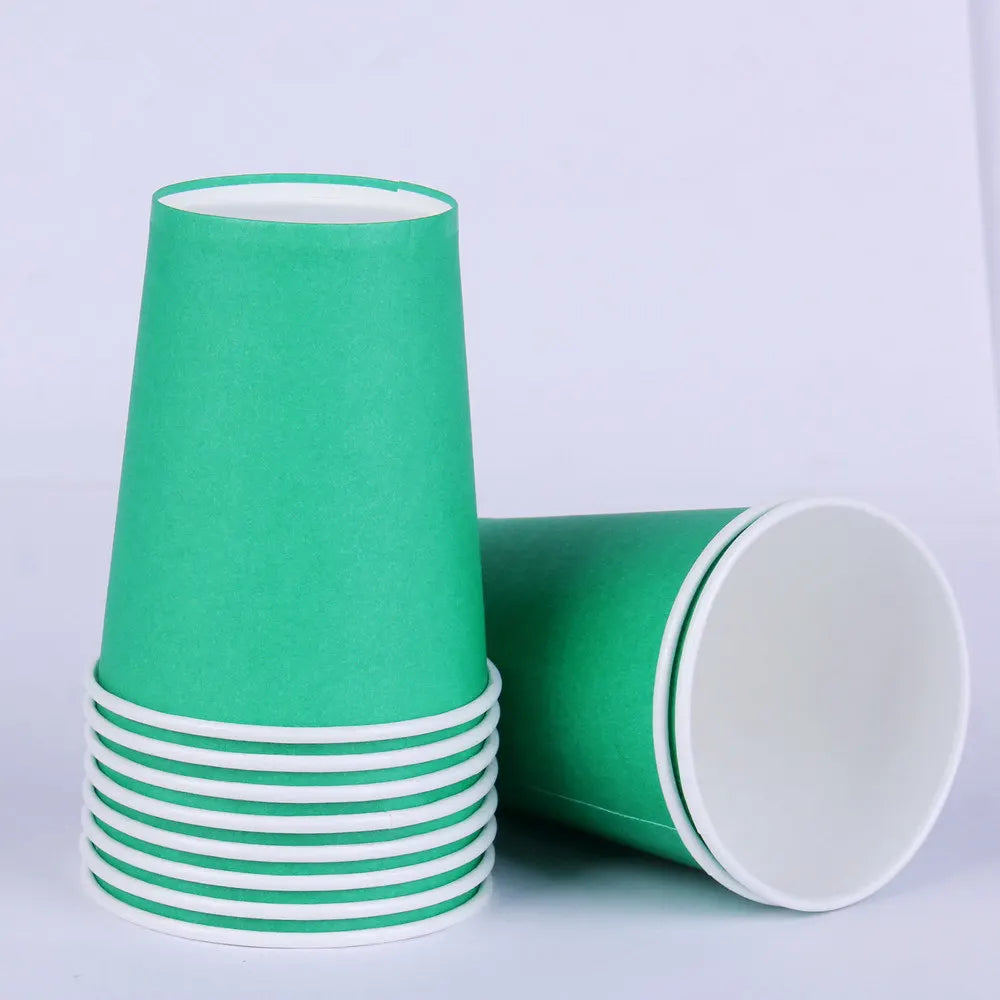 A stack of bright green disposable cups and a single cup are shown against a white background.
