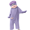 A purple plush monster loungewear romper with large eyes and a pink mouth.