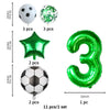 A set of green and silver balloons, including a soccer ball, a star, and the number three balloon.