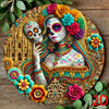 Vintage Day of the Dead Catrina Lady aluminum sign featuring a colorful skull and floral design.