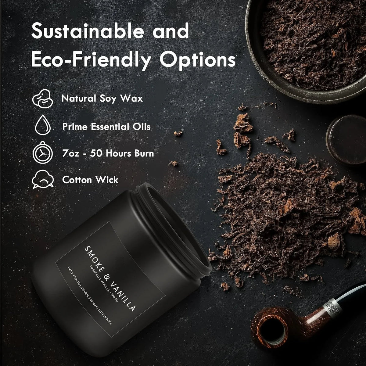 A dark background features a black candle jar, loose bark, essential oils, and a wooden pipe, promoting sustainable and eco-f