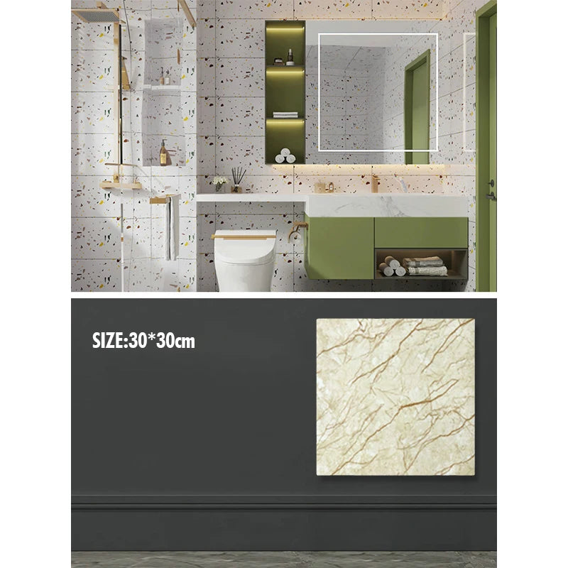 A modern bathroom vanity featuring marble wall decals, a sink, and green cabinetry.