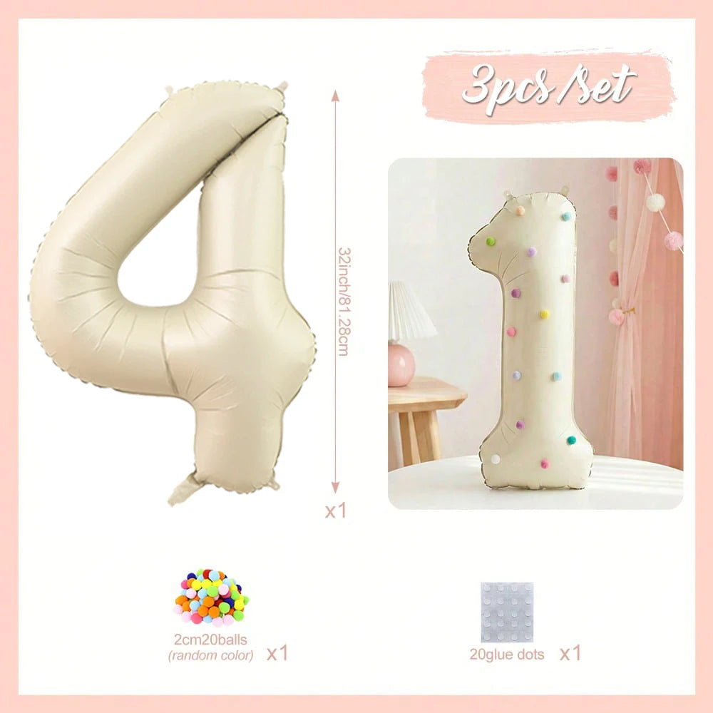 A set of three 32 inch milky white aluminum foil number balloons, including a four and a one, with colorful dots.