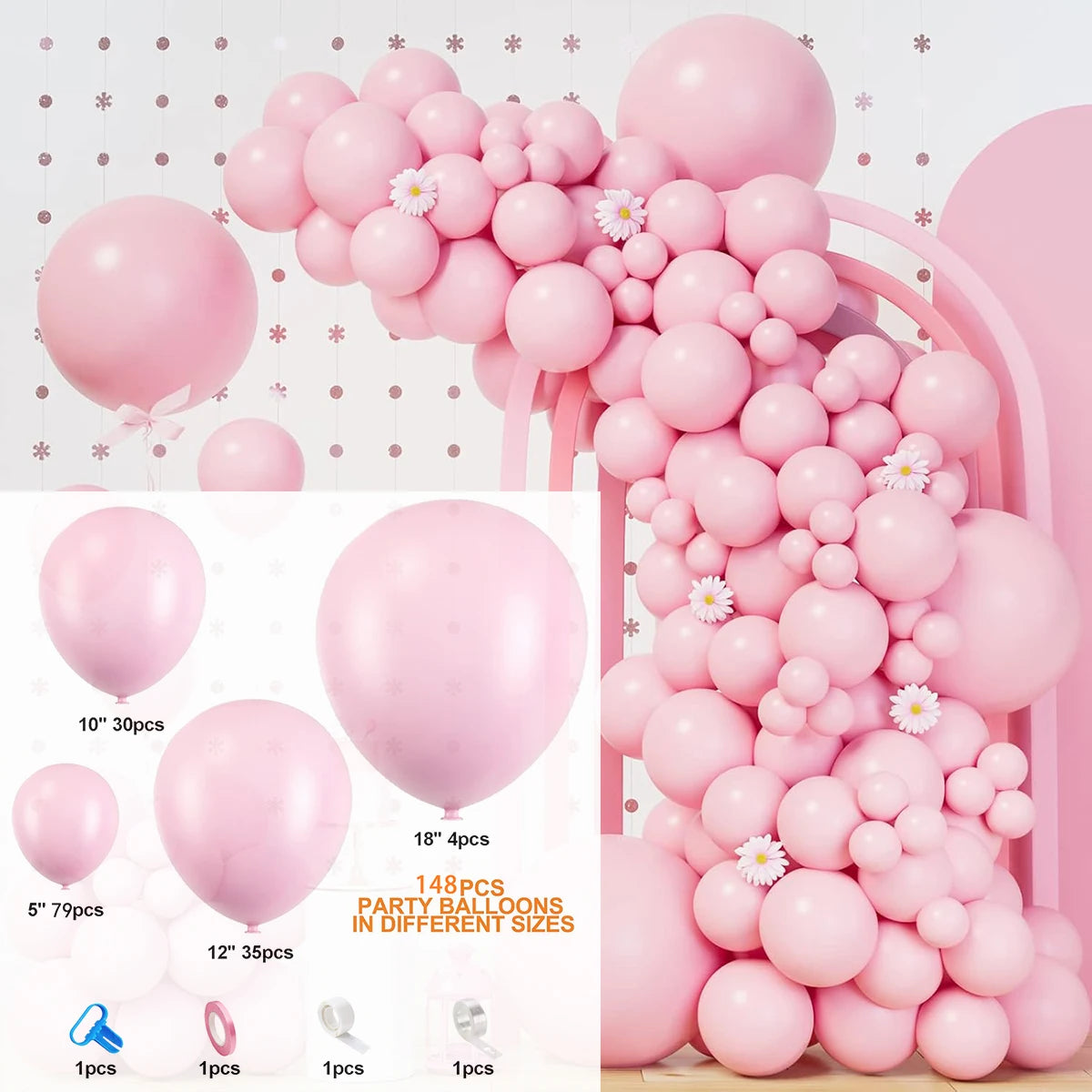 Eine große Anordnung pastellrosa Ballons, die eine dekorative Girlande oder einen Bogen bilden.
