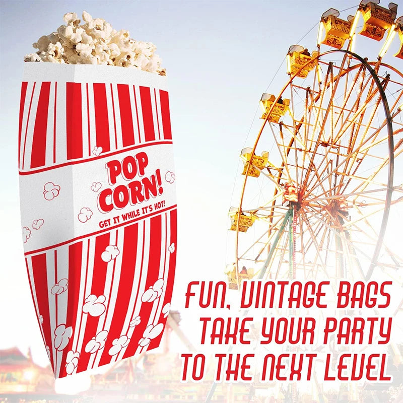 Red and white striped popcorn bags next to a vintage Ferris wheel, suggesting fun party bags.