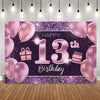 A purple glitter backdrop for a 13th birthday party featuring pink balloons and gold confetti.