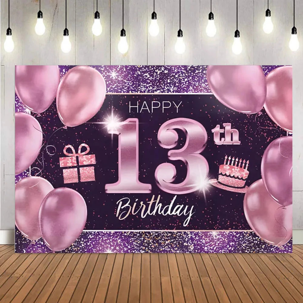 A purple glitter backdrop for a 13th birthday party featuring pink balloons and gold confetti.