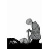 A black and white illustration of a character with light hair looking down, possibly depicting a Tokyo Ghoul anime scene.