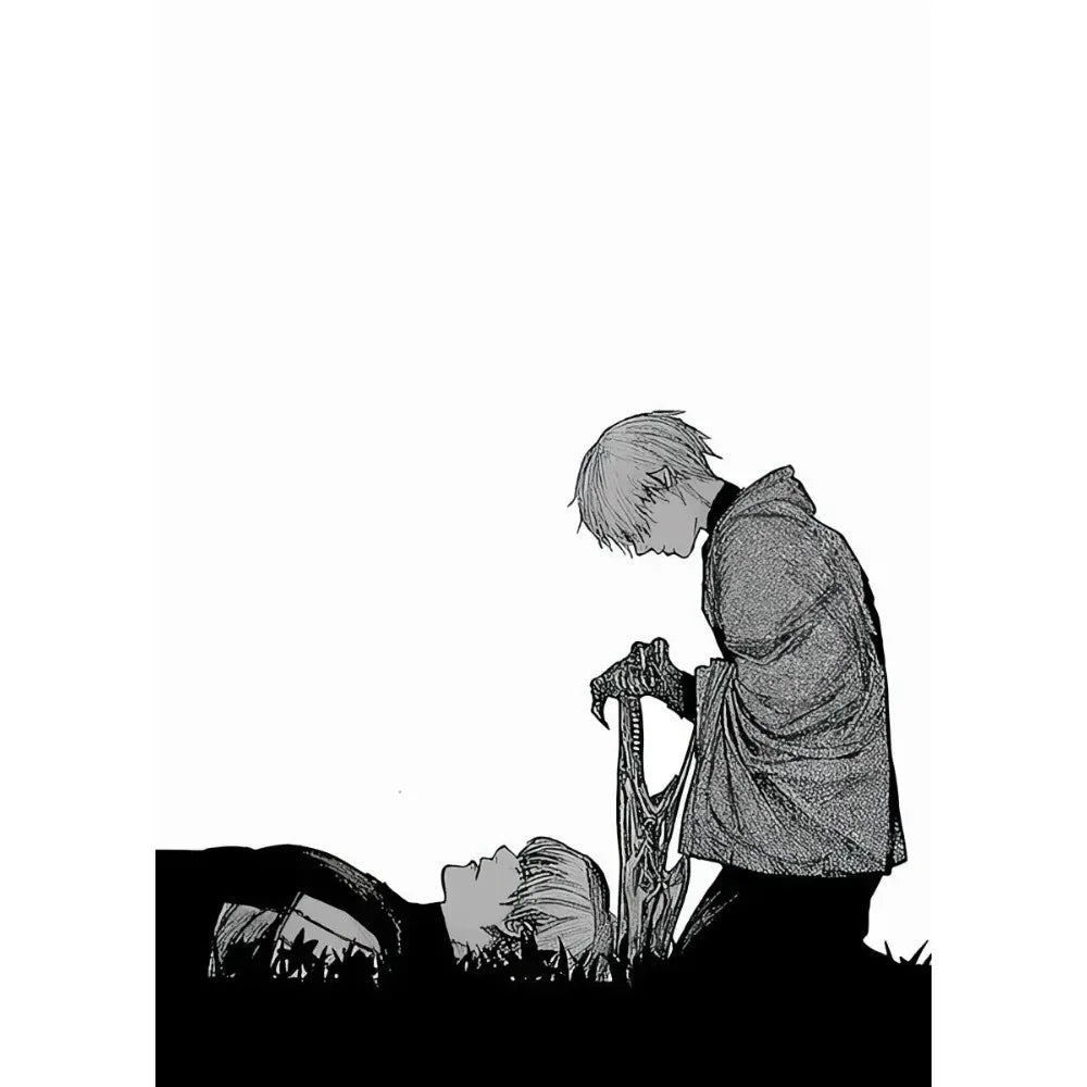 A black and white illustration of a character with light hair looking down, possibly depicting a Tokyo Ghoul anime scene.