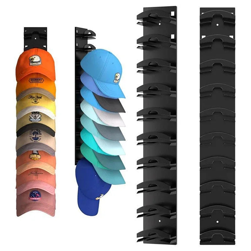 Black wall mounted hat storage organizer with multiple slots for hanging hats