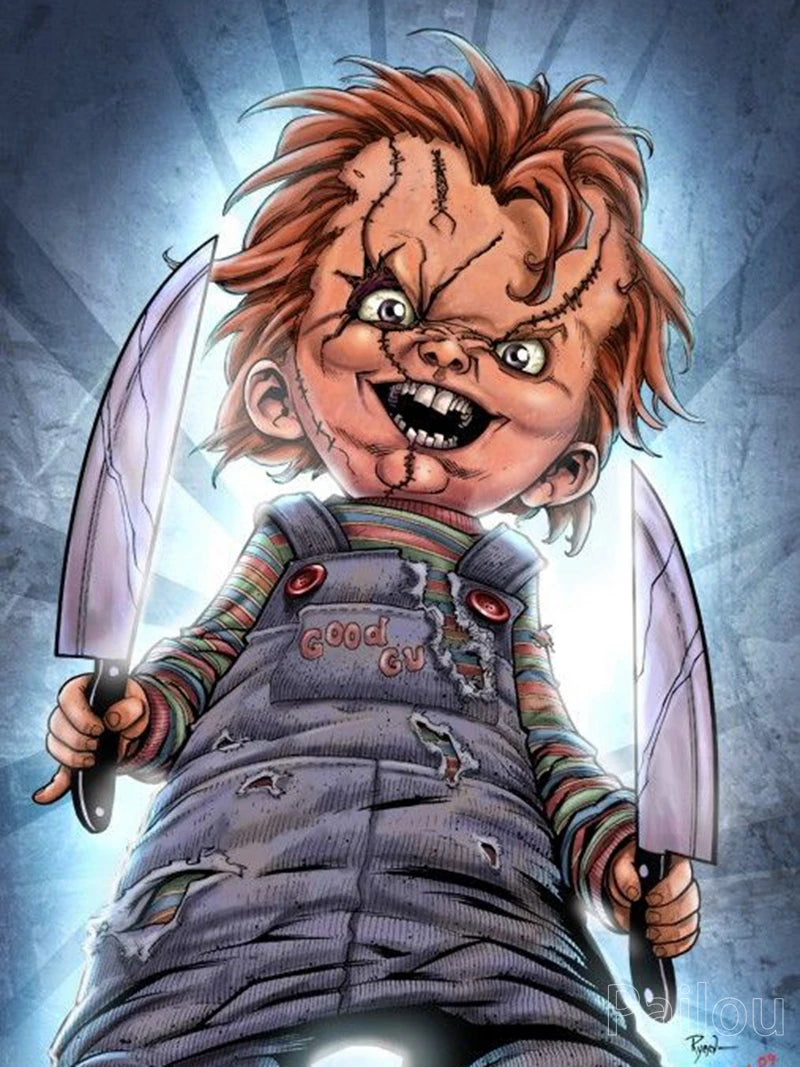 A detailed illustration of the Chucky horror doll character with facial scars and a knife, suitable for a diamond painting ki