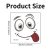A cartoon face with a wide, smiling mouth and large eyes is shown for product size reference.