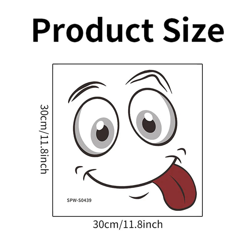 A cartoon face with a wide, smiling mouth and large eyes is shown for product size reference.