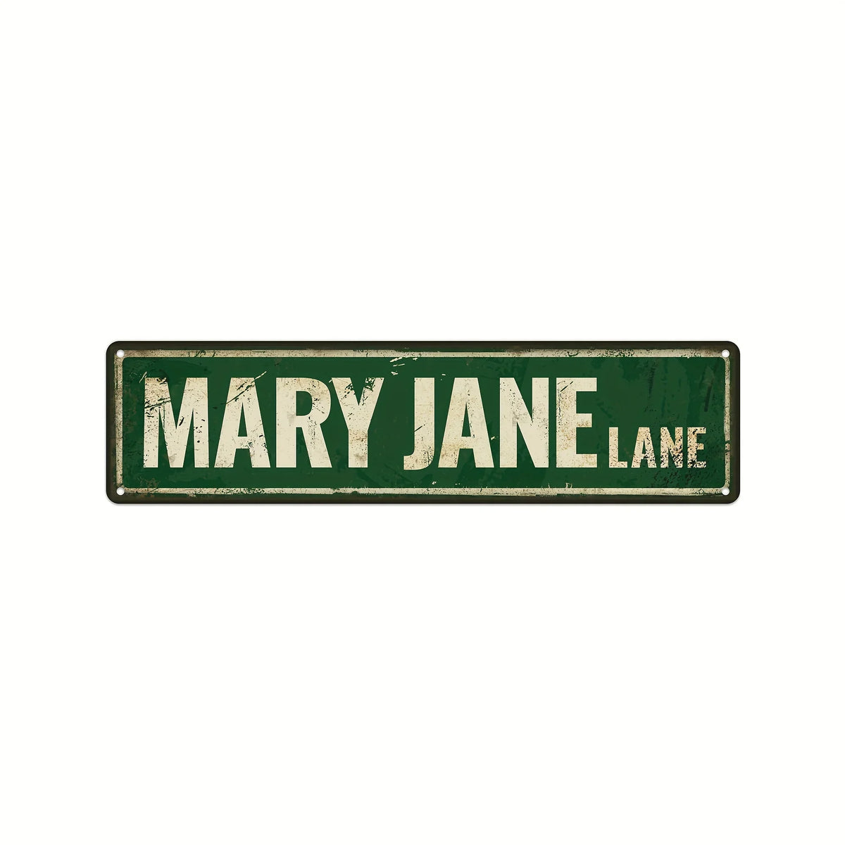 A rectangular, distressed dark green metal sign with the text MARY JANE LANE in light green lettering.