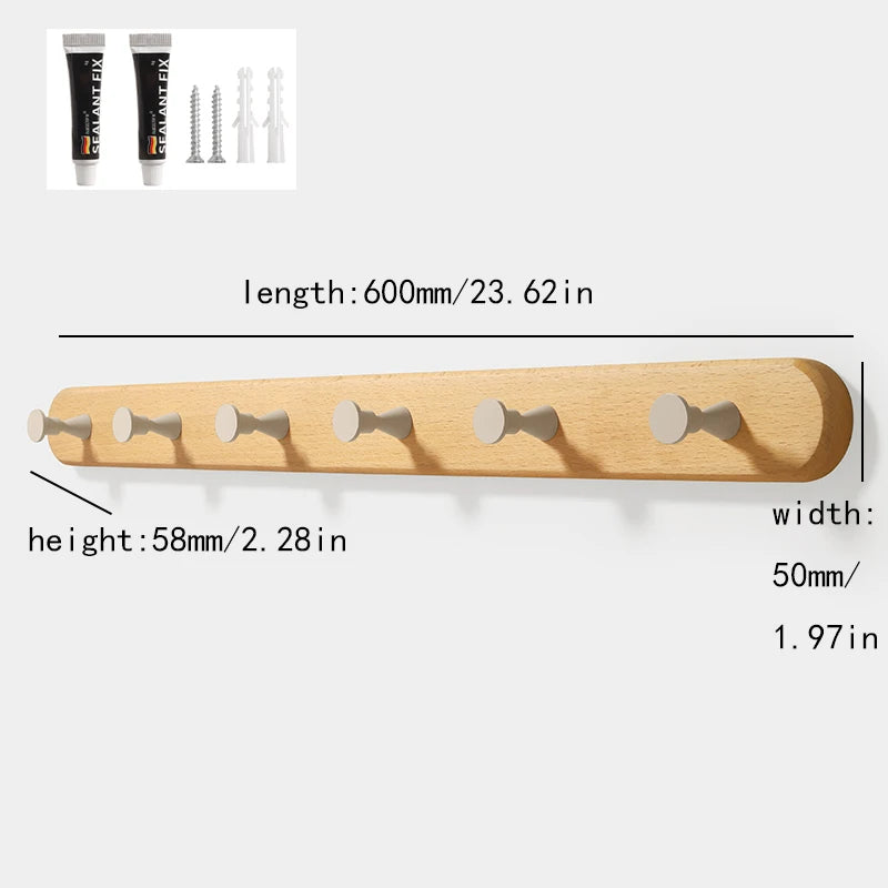A light wood wall hook rack with four wooden hooks is shown alongside packaging and dimensions.