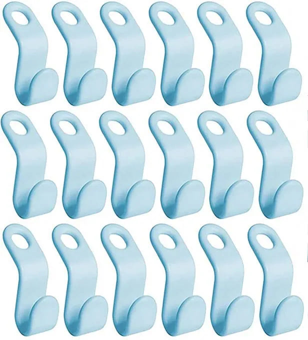 A set of light blue space-saving cascading hanger connector hooks for wardrobe organization.