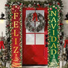 Festive Christmas door banner featuring holiday greetings and a wreath on a red door.