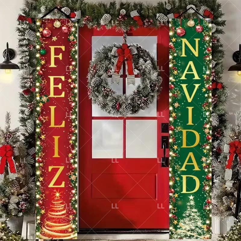 Festive Christmas door banner featuring holiday greetings and a wreath on a red door.