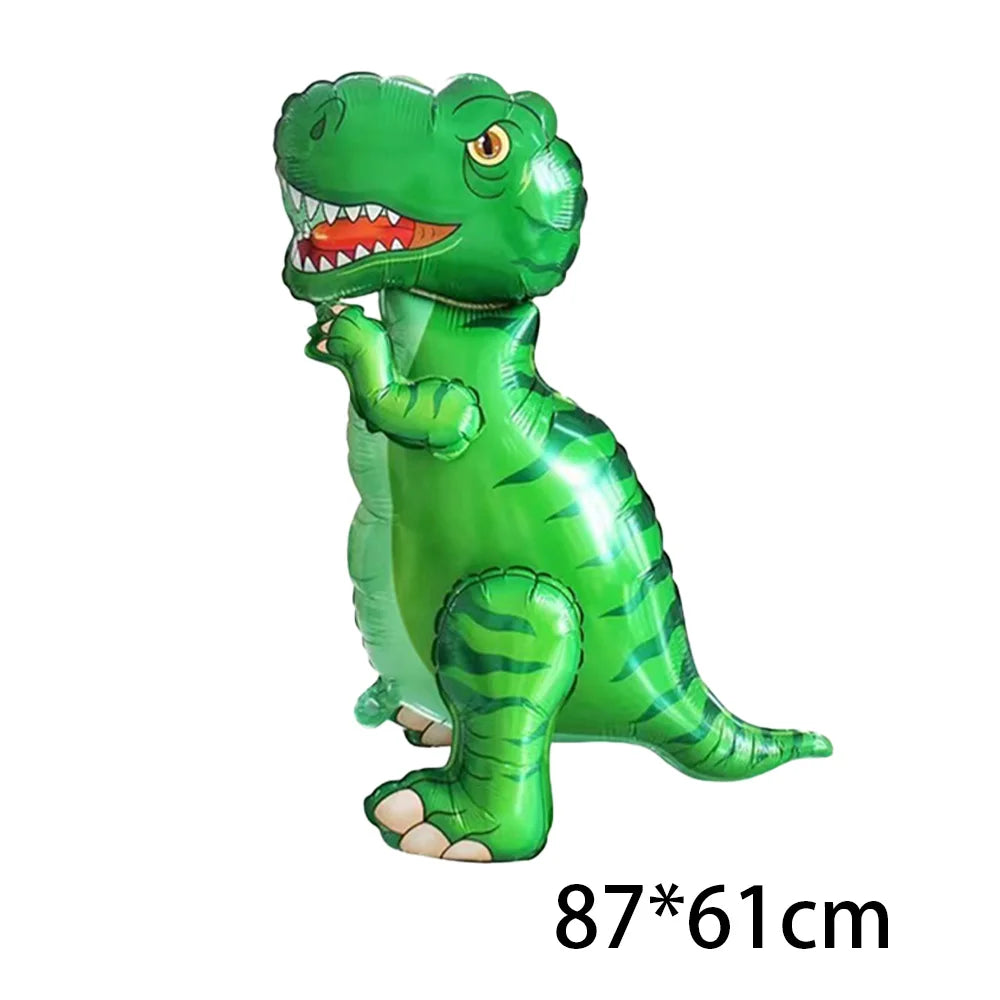A green inflatable dinosaur balloon decoration kit with a banner and standing balloons.