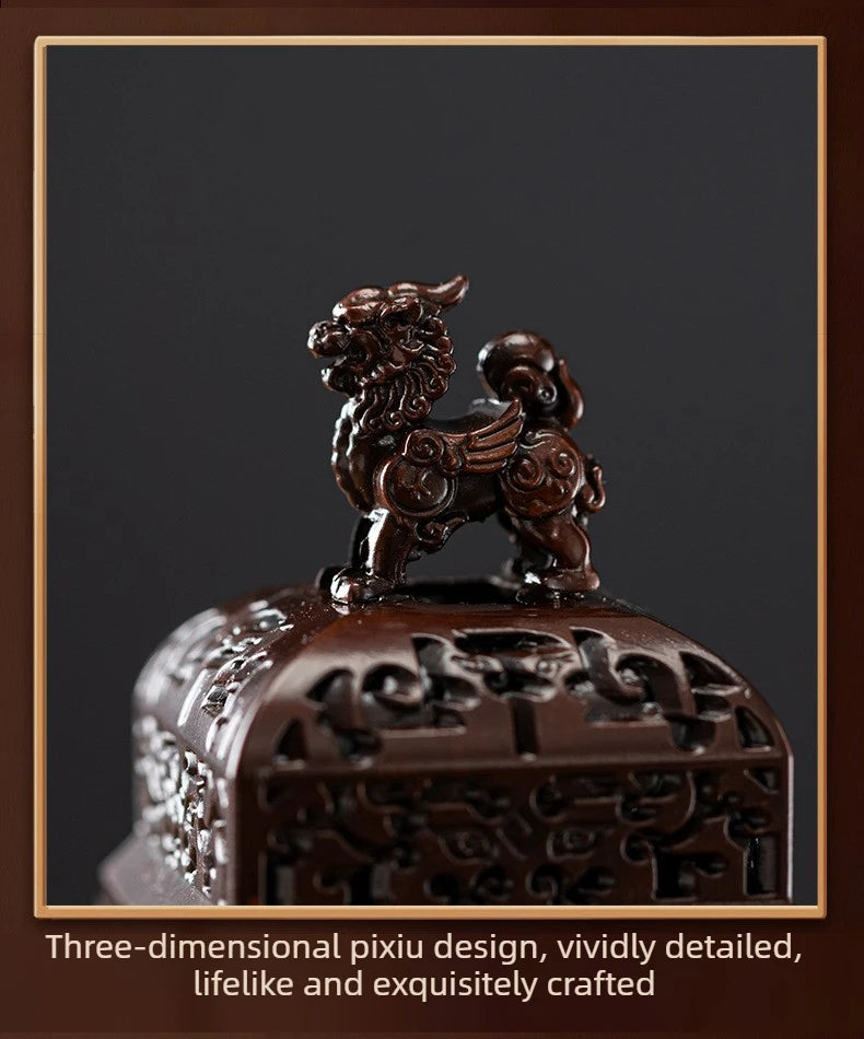 A dark brown, intricately crafted pixiu incense burner featuring a detailed lion figure.