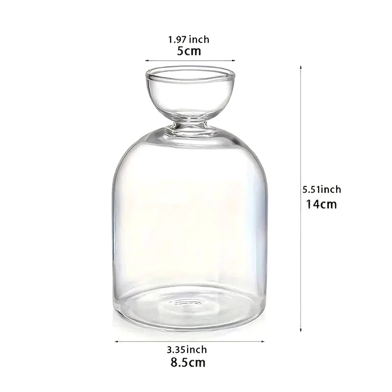 Klares Glas-Hydroponik-Pflanzer mit runder Oberseite und zylindrischem Körper, Seitenansicht.