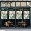 A modern storefront window displaying a custom self-adhesive poster print with placeholder text.