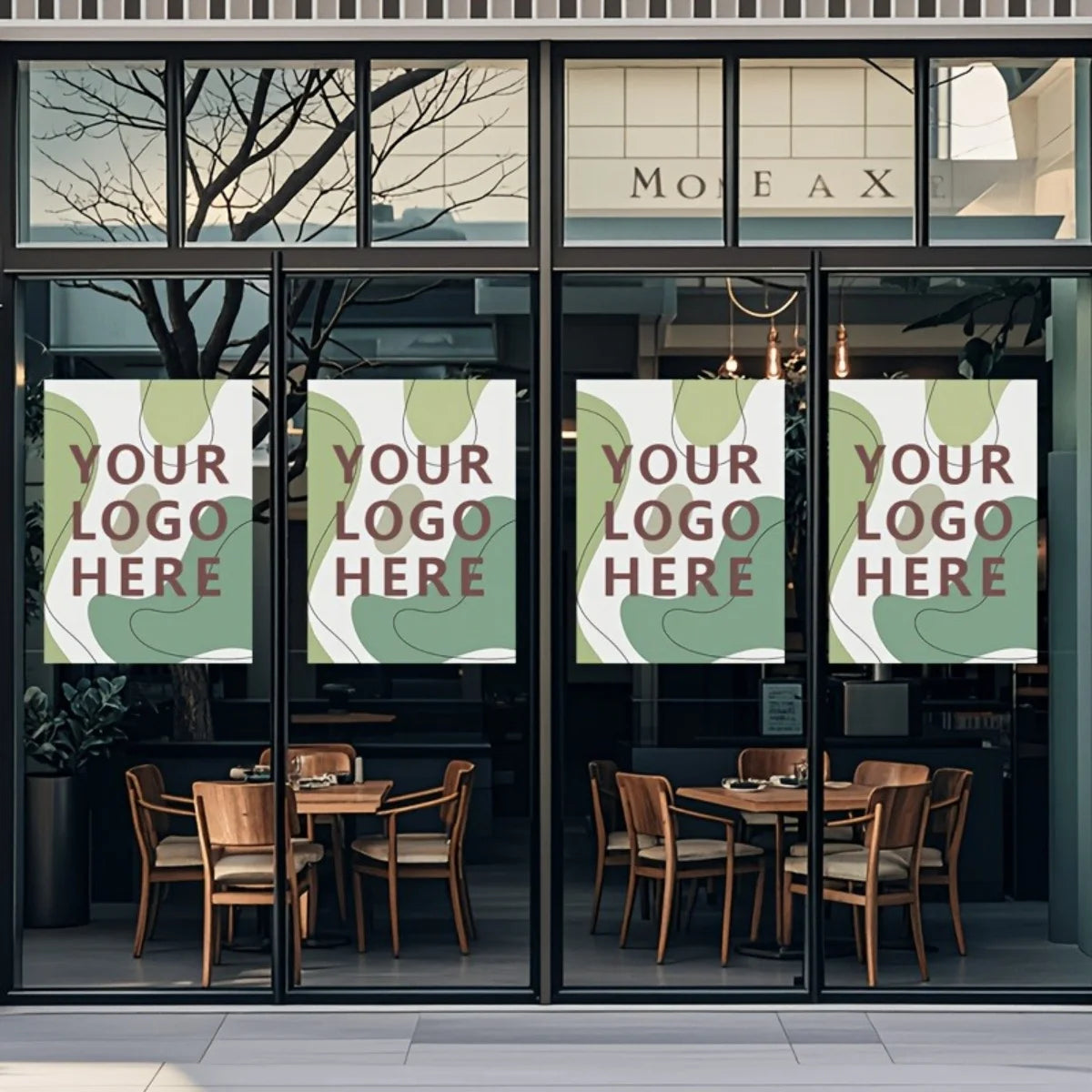 A modern storefront window displaying a custom self-adhesive poster print with placeholder text.