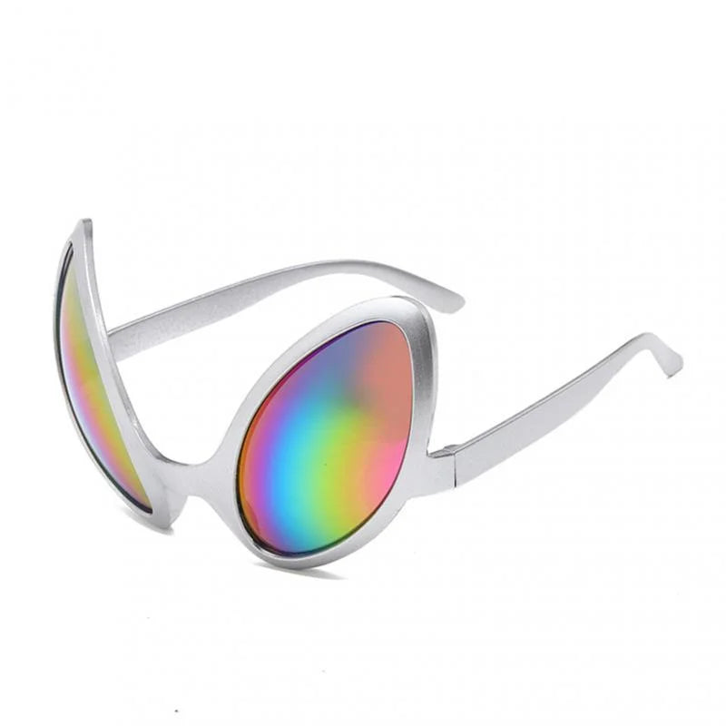 Silver-framed sunglasses with iridescent rainbow lenses and UV400 protection.