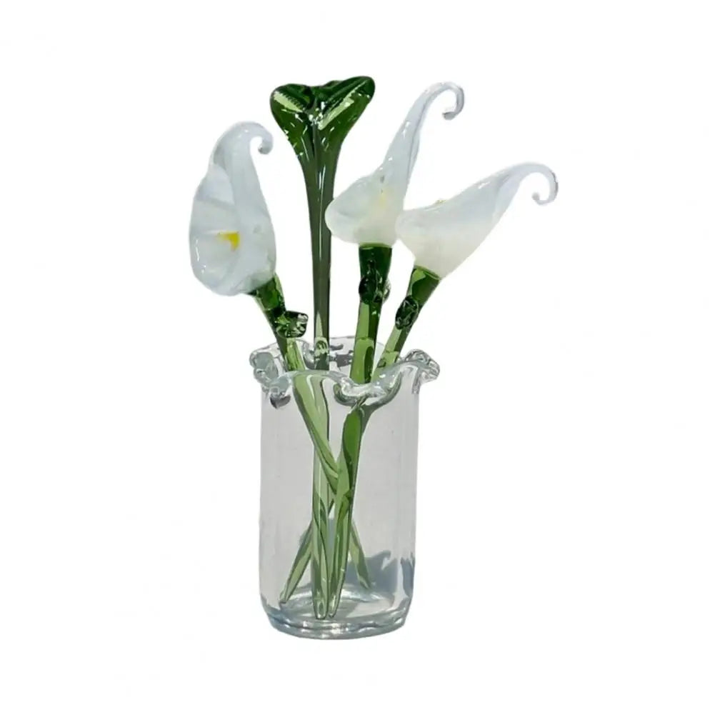 Hand-blown glass flower bouquet featuring white tulips in a clear mini vase