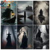 A collection of dark fantasy and gothic art featuring witches, demons, and spooky landscapes.