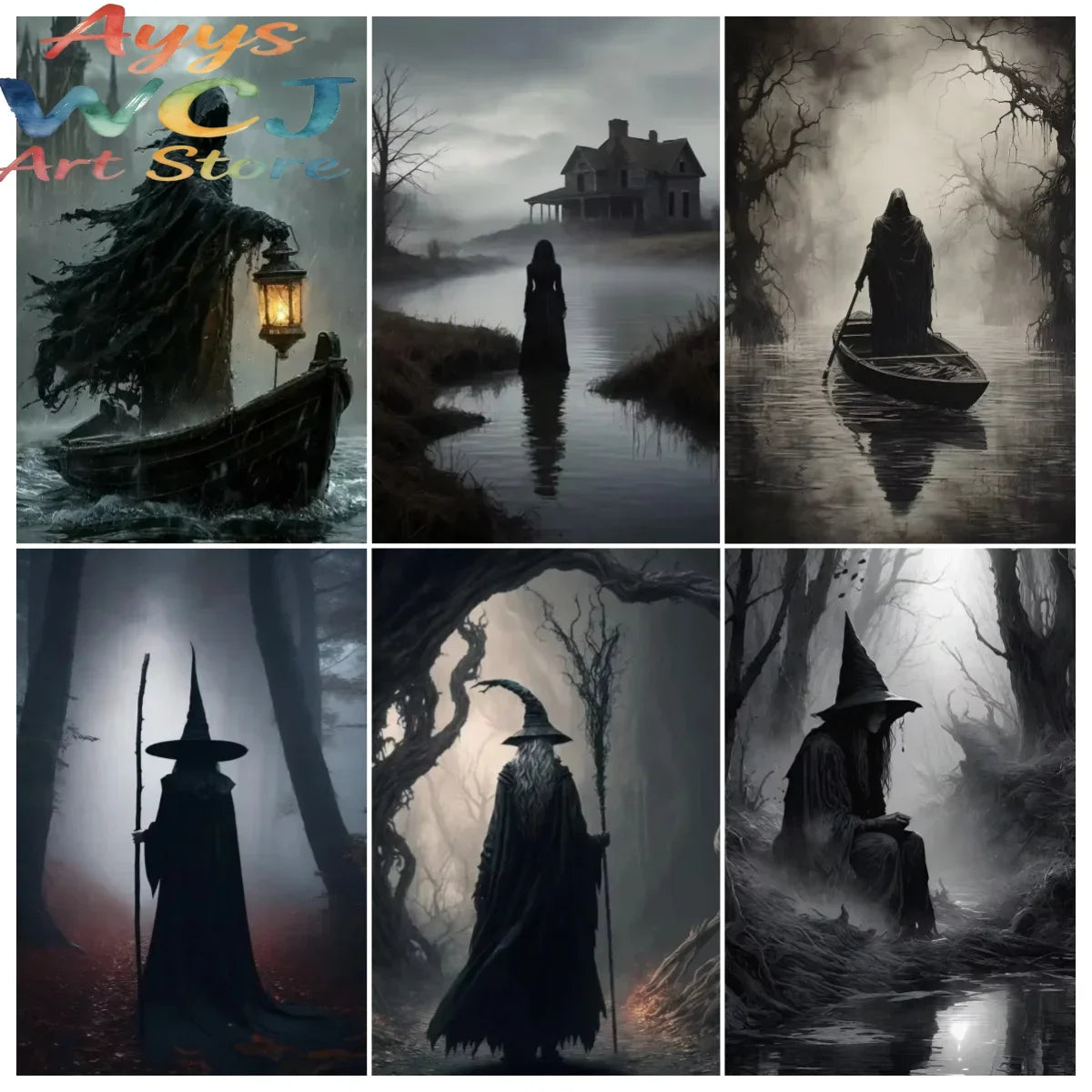 A collection of dark fantasy and gothic art featuring witches, demons, and spooky landscapes.