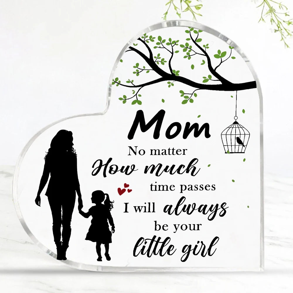 A clear acrylic heart-shaped plaque featuring a silhouette of a mother, a tree branch with leaves, and text about being a lit