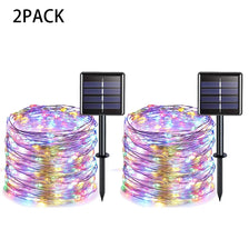 A pair of solar-powered outdoor festoon string lights with waterproof garland design and solar panels.