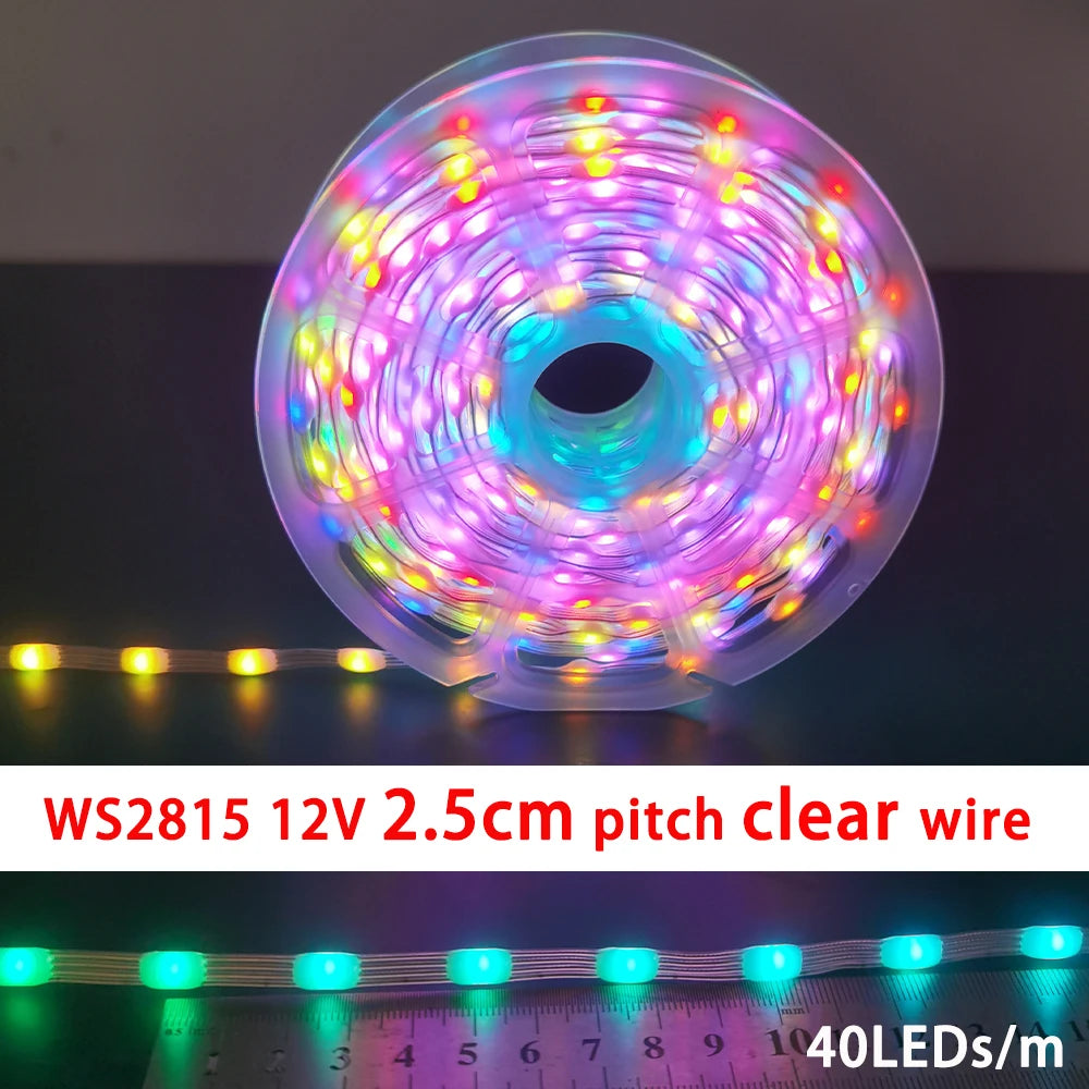 A close-up view of a circular array of WS2815 12V 2.5cm pitch clear wire LED lights.