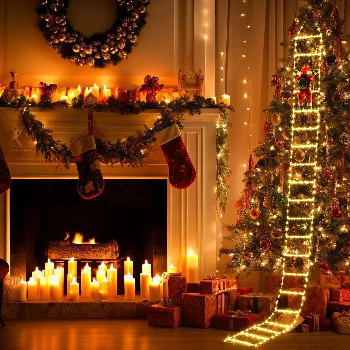 A festive fireplace scene decorated with Christmas lights and Santa Claus elements, including a lighted ladder tree.