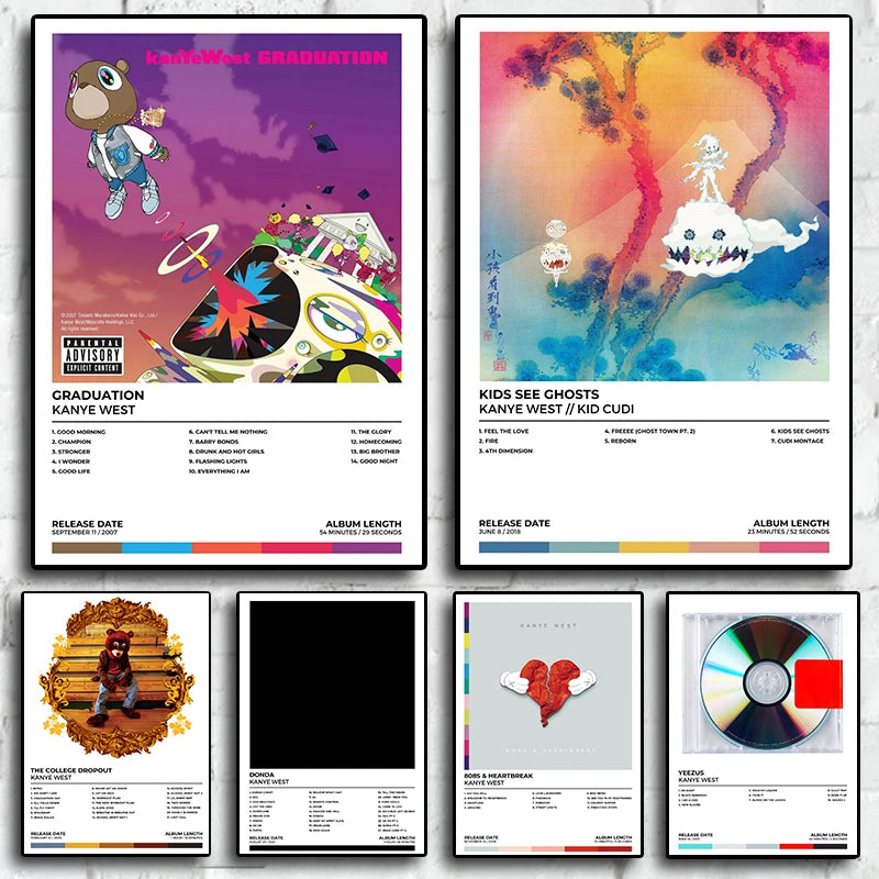 Colección de lienzos y decoración de pared con arte de Kanye West y sus temas.