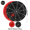 A set of 10 spider web dinner plates featuring black and red designs.