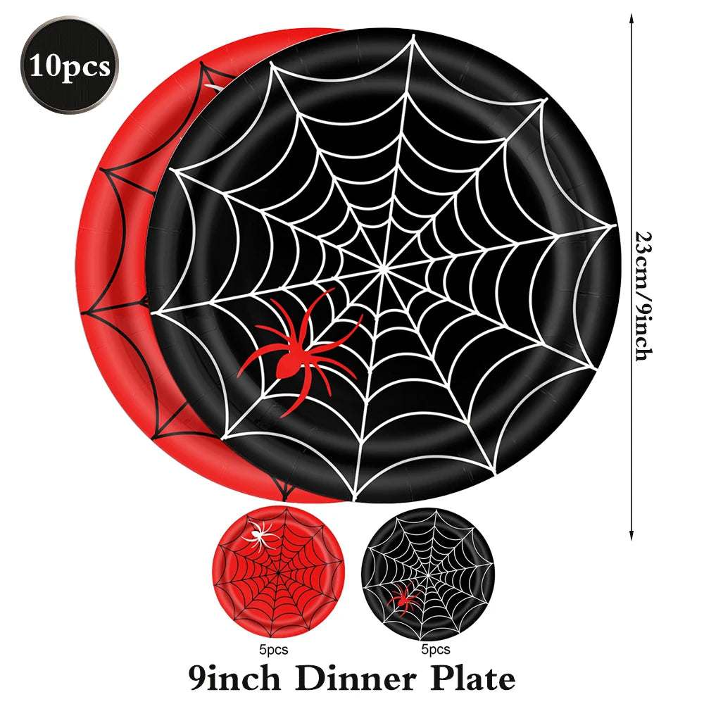 A set of 10 spider web dinner plates featuring black and red designs.