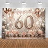A glamorous birthday backdrop featuring gold and pink balloons, bokeh lights, and roses for a 60th birthday celebration.