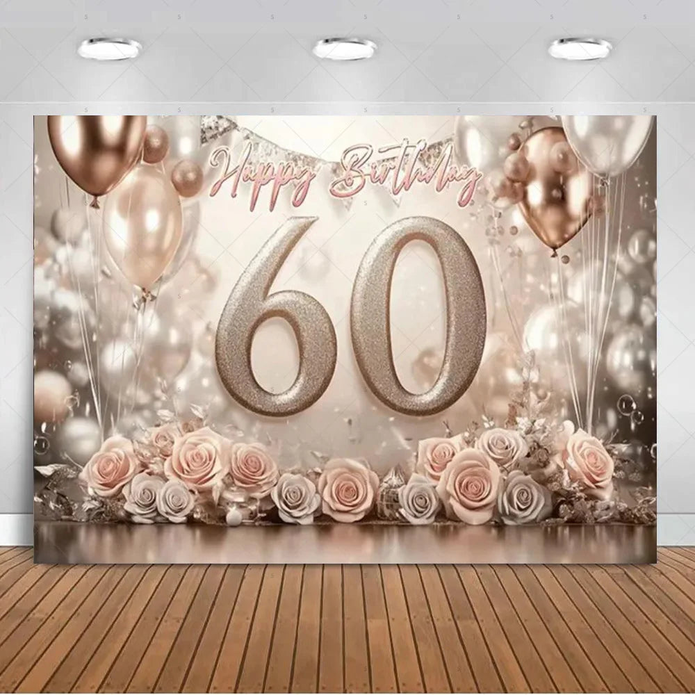 A glamorous birthday backdrop featuring gold and pink balloons, bokeh lights, and roses for a 60th birthday celebration.
