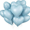A cluster of light blue heart-shaped foil balloons tied together for a celebration.